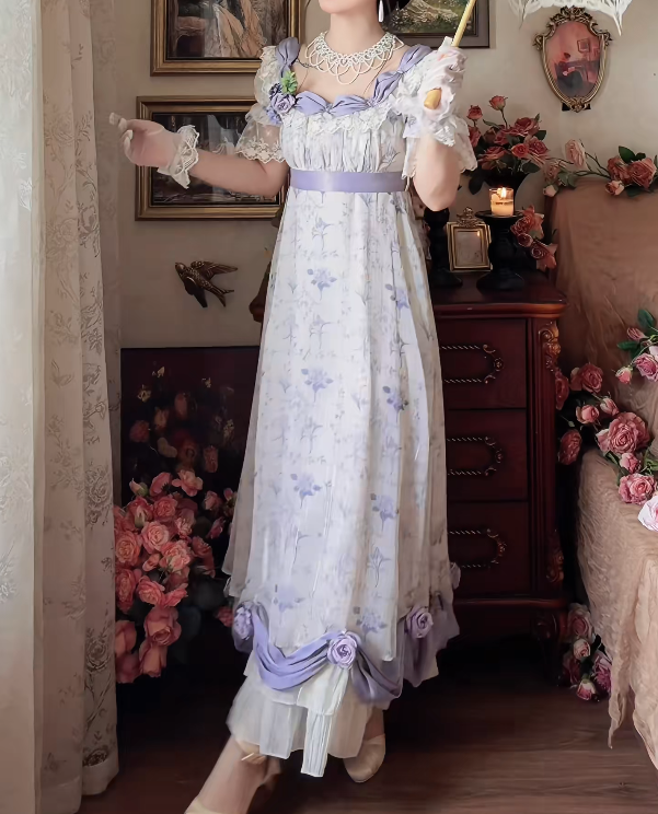 Romantic Square Neck Prom Dress Purple Floral Short Sleeve A-Line Formal Dress GG7132