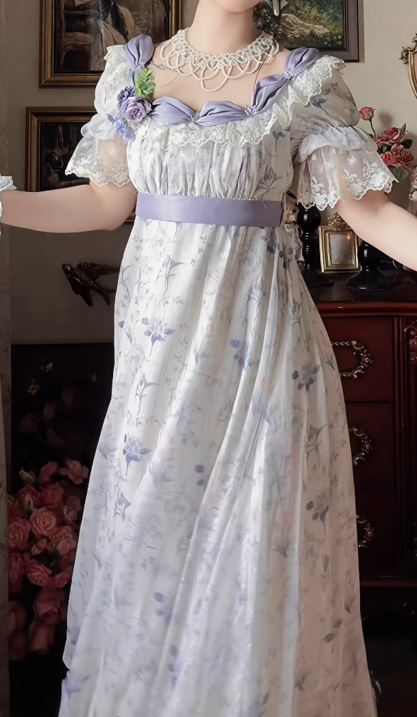Romantic Square Neck Prom Dress Purple Floral Short Sleeve A-Line Formal Dress GG7132
