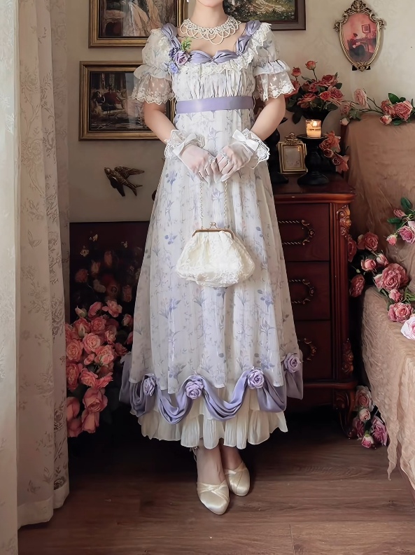 Romantic Square Neck Prom Dress Purple Floral Short Sleeve A-Line Formal Dress GG7132