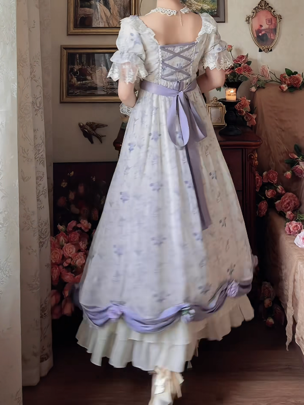 Romantic Square Neck Prom Dress Purple Floral Short Sleeve A-Line Formal Dress GG7132