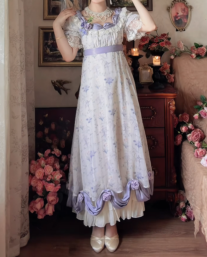 Romantic Square Neck Prom Dress Purple Floral Short Sleeve A-Line Formal Dress GG7132