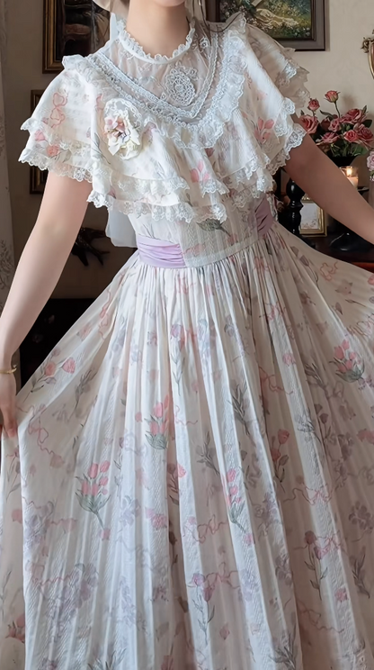 Sweet Pink Tiered Prom Dress Floral Lace A-Line Formal Dress GG7133