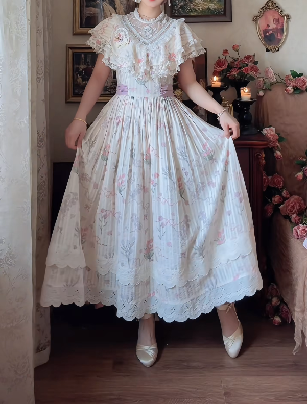 Sweet Pink Tiered Prom Dress Floral Lace A-Line Formal Dress GG7133