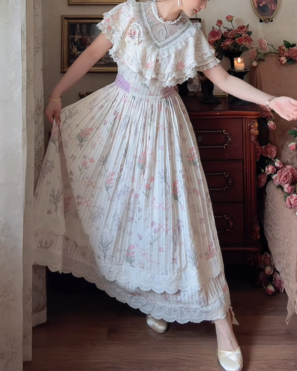 Sweet Pink Tiered Prom Dress Floral Lace A-Line Formal Dress GG7133
