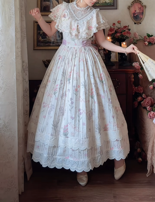 Sweet Pink Tiered Prom Dress Floral Lace A-Line Formal Dress GG7133