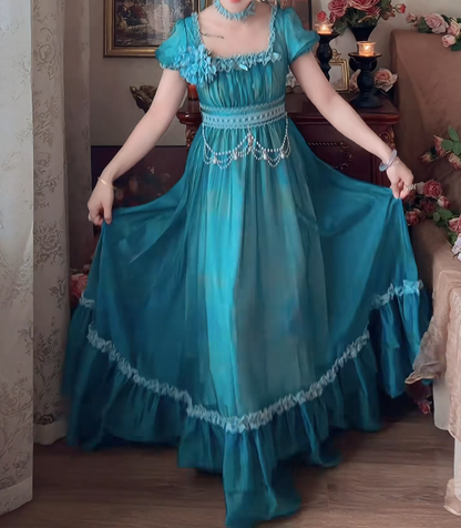 Charming Square Neck Green Prom Dress Beading Ruffles A-Line Formal Dress GG7134