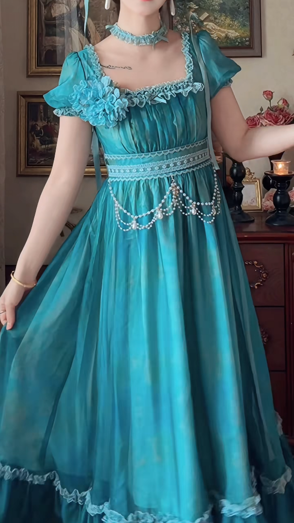 Charming Square Neck Green Prom Dress Beading Ruffles A-Line Formal Dress GG7134