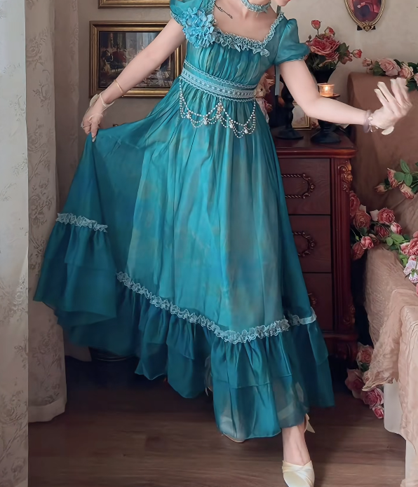 Charming Square Neck Green Prom Dress Beading Ruffles A-Line Formal Dress GG7134