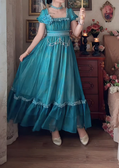 Charming Square Neck Green Prom Dress Beading Ruffles A-Line Formal Dress GG7134