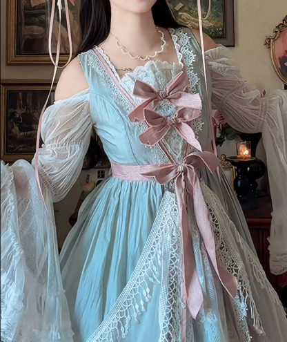 Adorable Long Sleeve Green Prom Dress Bows Lace A-Line Formal Dress GG7136