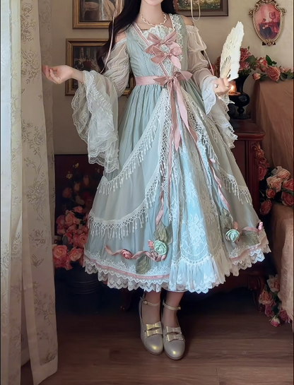 Adorable Long Sleeve Green Prom Dress Bows Lace A-Line Formal Dress GG7136