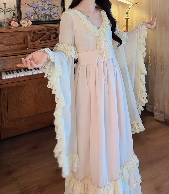 Romantic V Neck Pastel Pink Prom Dress Lace  Long Sleeve A-Line Formal Dress GG7138