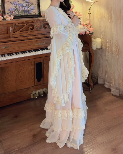 Romantic V Neck Pastel Pink Prom Dress Lace  Long Sleeve A-Line Formal Dress GG7138