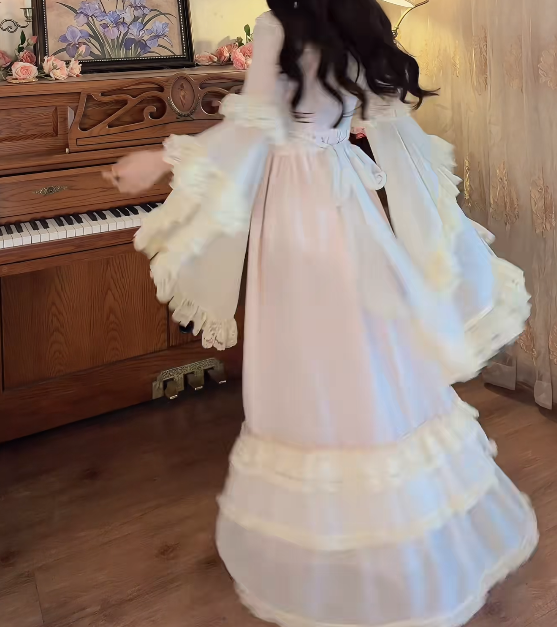 Romantic V Neck Pastel Pink Prom Dress Lace  Long Sleeve A-Line Formal Dress GG7138