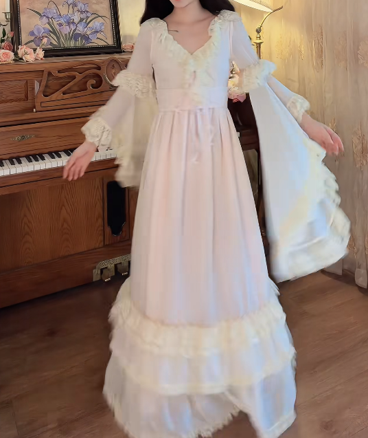 Romantic V Neck Pastel Pink Prom Dress Lace  Long Sleeve A-Line Formal Dress GG7138