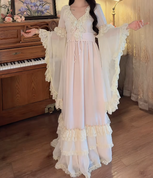 Romantic V Neck Pastel Pink Prom Dress Lace  Long Sleeve A-Line Formal Dress GG7138