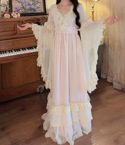 Romantic V Neck Pastel Pink Prom Dress Lace  Long Sleeve A-Line Formal Dress GG7138
