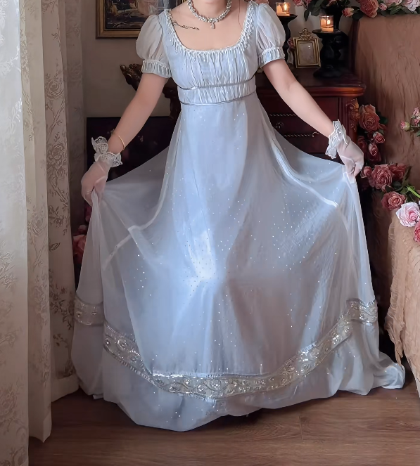 Alluring Square Neck Blue Prom Dress Sequins Tassel A-Line Formal Dress GG7141