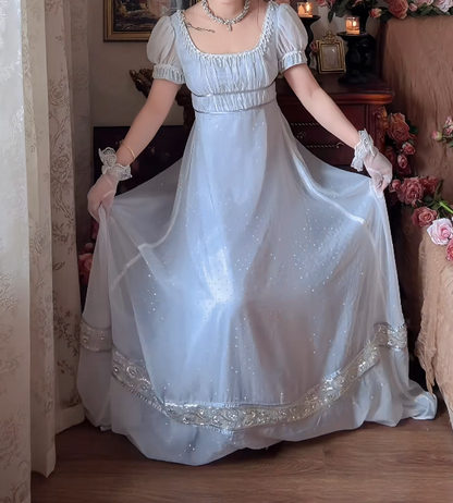 Alluring Square Neck Blue Prom Dress Sequins Tassel A-Line Formal Dress GG7141