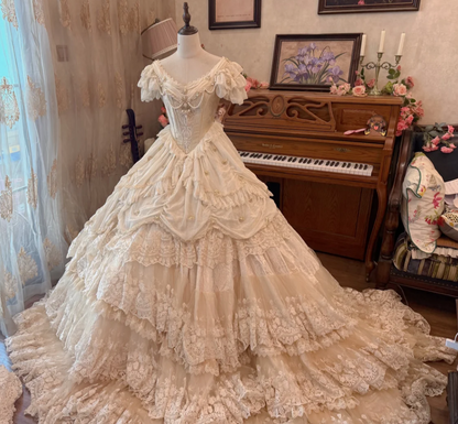Ornate Beading Ivory Tiered Wedding Dress Lace Short Sleeve A-Line Bridal Dress GG7142