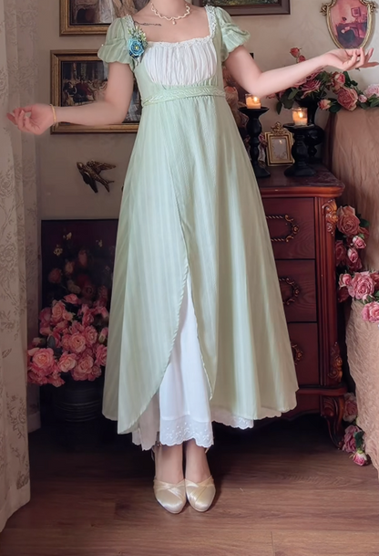Playful Square Neck Prom Dress Green Short Sleeve A-Line Formal Dress GG7145