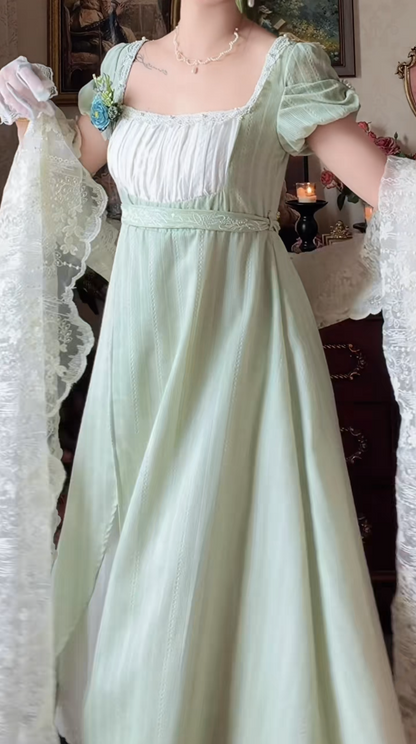 Playful Square Neck Prom Dress Green Short Sleeve A-Line Formal Dress GG7145