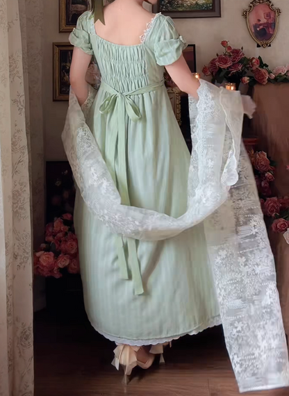 Playful Square Neck Prom Dress Green Short Sleeve A-Line Formal Dress GG7145