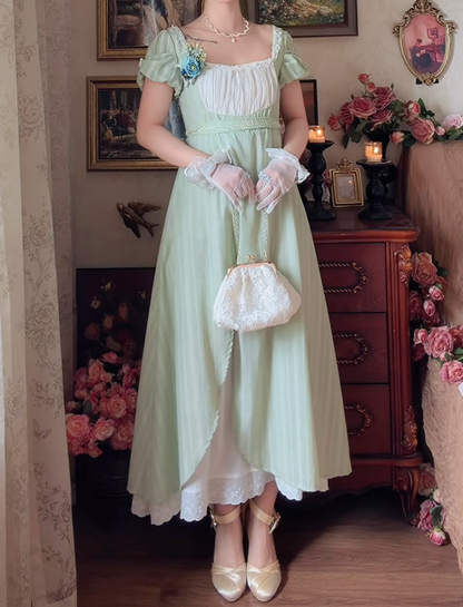 Playful Square Neck Prom Dress Green Short Sleeve A-Line Formal Dress GG7145