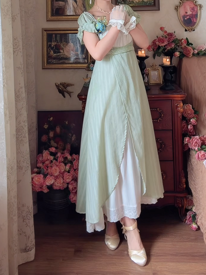 Playful Square Neck Prom Dress Green Short Sleeve A-Line Formal Dress GG7145