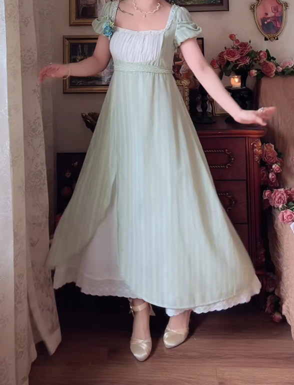 Playful Square Neck Prom Dress Green Short Sleeve A-Line Formal Dress GG7145