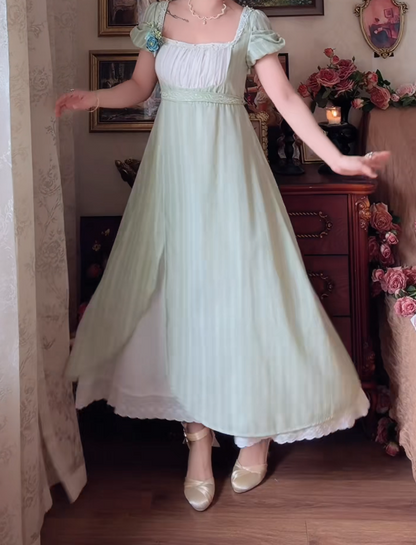 Playful Square Neck Prom Dress Green Short Sleeve A-Line Formal Dress GG7145