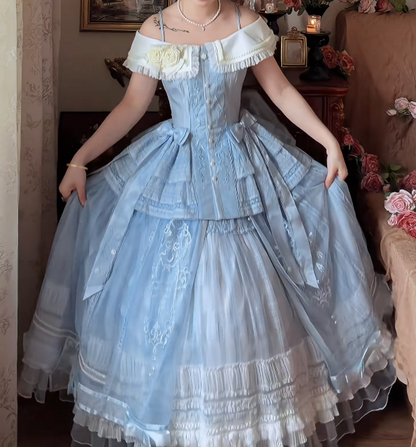 Romantic Off-Shoulder Prom Dress Blue Tiered A-Line Formal Dress GG7146