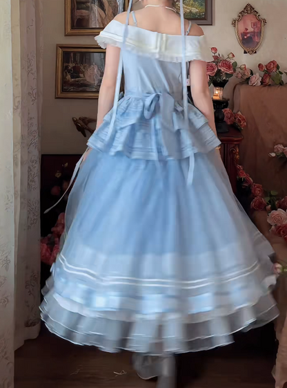Romantic Off-Shoulder Prom Dress Blue Tiered A-Line Formal Dress GG7146