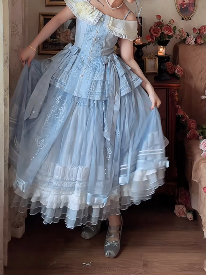 Romantic Off-Shoulder Prom Dress Blue Tiered A-Line Formal Dress GG7146