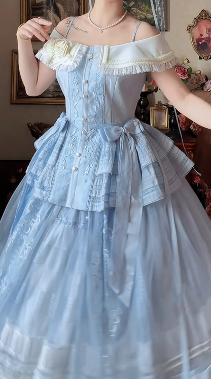 Romantic Off-Shoulder Prom Dress Blue Tiered A-Line Formal Dress GG7146