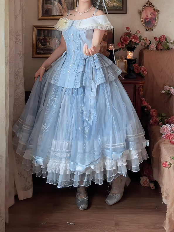 Romantic Off-Shoulder Prom Dress Blue Tiered A-Line Formal Dress GG7146