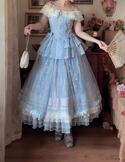 Romantic Off-Shoulder Prom Dress Blue Tiered A-Line Formal Dress GG7146