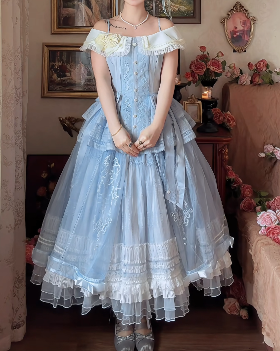 Romantic Off-Shoulder Prom Dress Blue Tiered A-Line Formal Dress GG7146