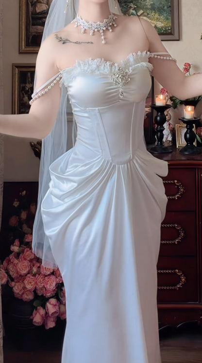 Lovely Off-Shoulder Satin Wedding Dress Beading Ruffles Lace Mermaid Bridal Dress GG7147