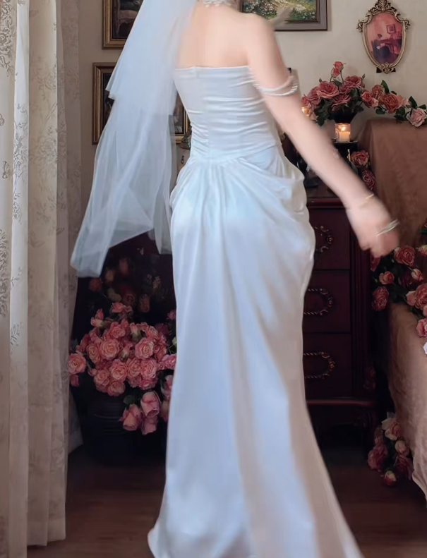 Lovely Off-Shoulder Satin Wedding Dress Beading Ruffles Lace Mermaid Bridal Dress GG7147
