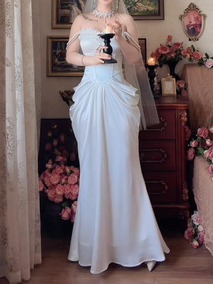 Lovely Off-Shoulder Satin Wedding Dress Beading Ruffles Lace Mermaid Bridal Dress GG7147