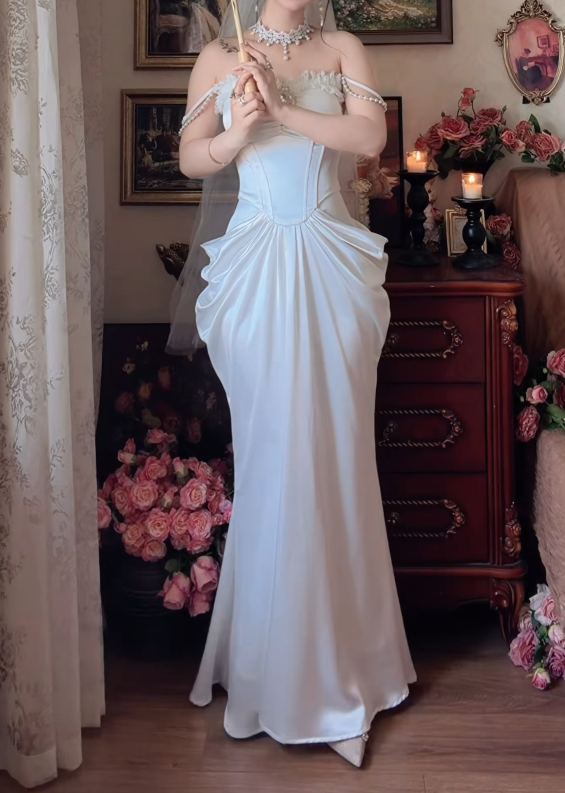 Lovely Off-Shoulder Satin Wedding Dress Beading Ruffles Lace Mermaid Bridal Dress GG7147