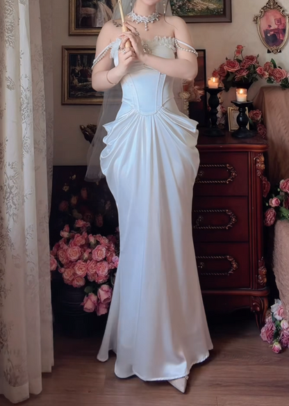 Lovely Off-Shoulder Satin Wedding Dress Beading Ruffles Lace Mermaid Bridal Dress GG7147