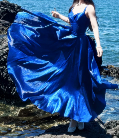 Glam Spaghetti Straps Prom Dress Blue Satin A-Line Formal Dress GG7148