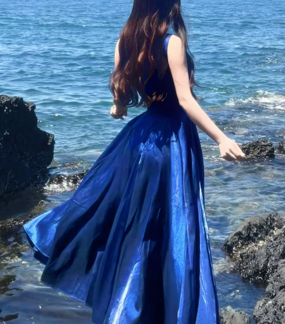 Glam Spaghetti Straps Prom Dress Blue Satin A-Line Formal Dress GG7148