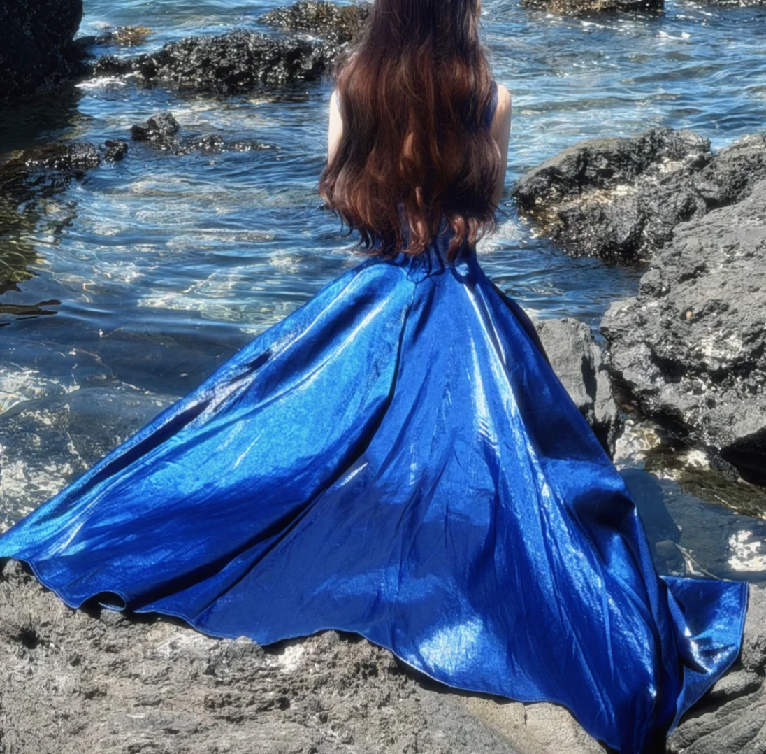 Glam Spaghetti Straps Prom Dress Blue Satin A-Line Formal Dress GG7148