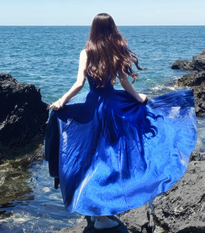 Glam Spaghetti Straps Prom Dress Blue Satin A-Line Formal Dress GG7148
