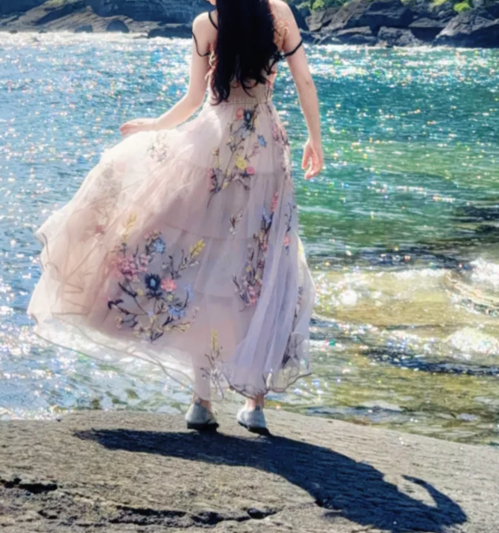 Charming Spaghetti Straps Prom Dress Floral Embroidery A-Line Formal Dress GG7149