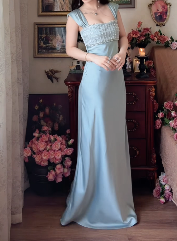 Glamorous Square Neck Prom Dress Blue Beading Satin A-Line Formal Dress GG7150
