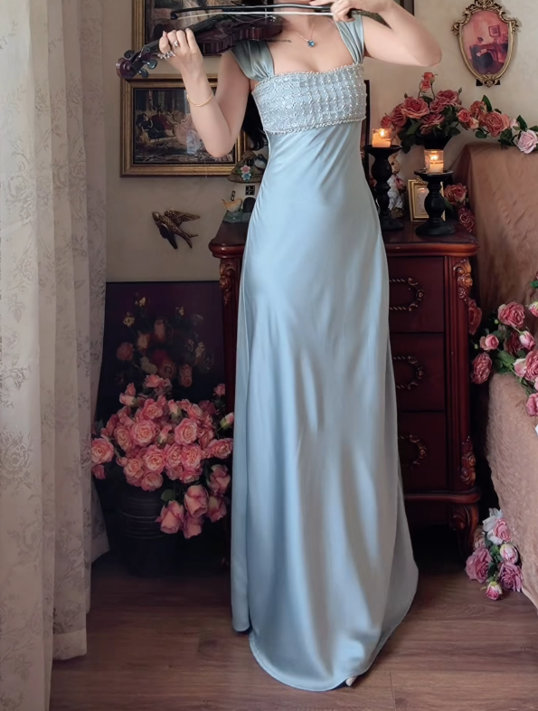 Glamorous Square Neck Prom Dress Blue Beading Satin A-Line Formal Dress GG7150